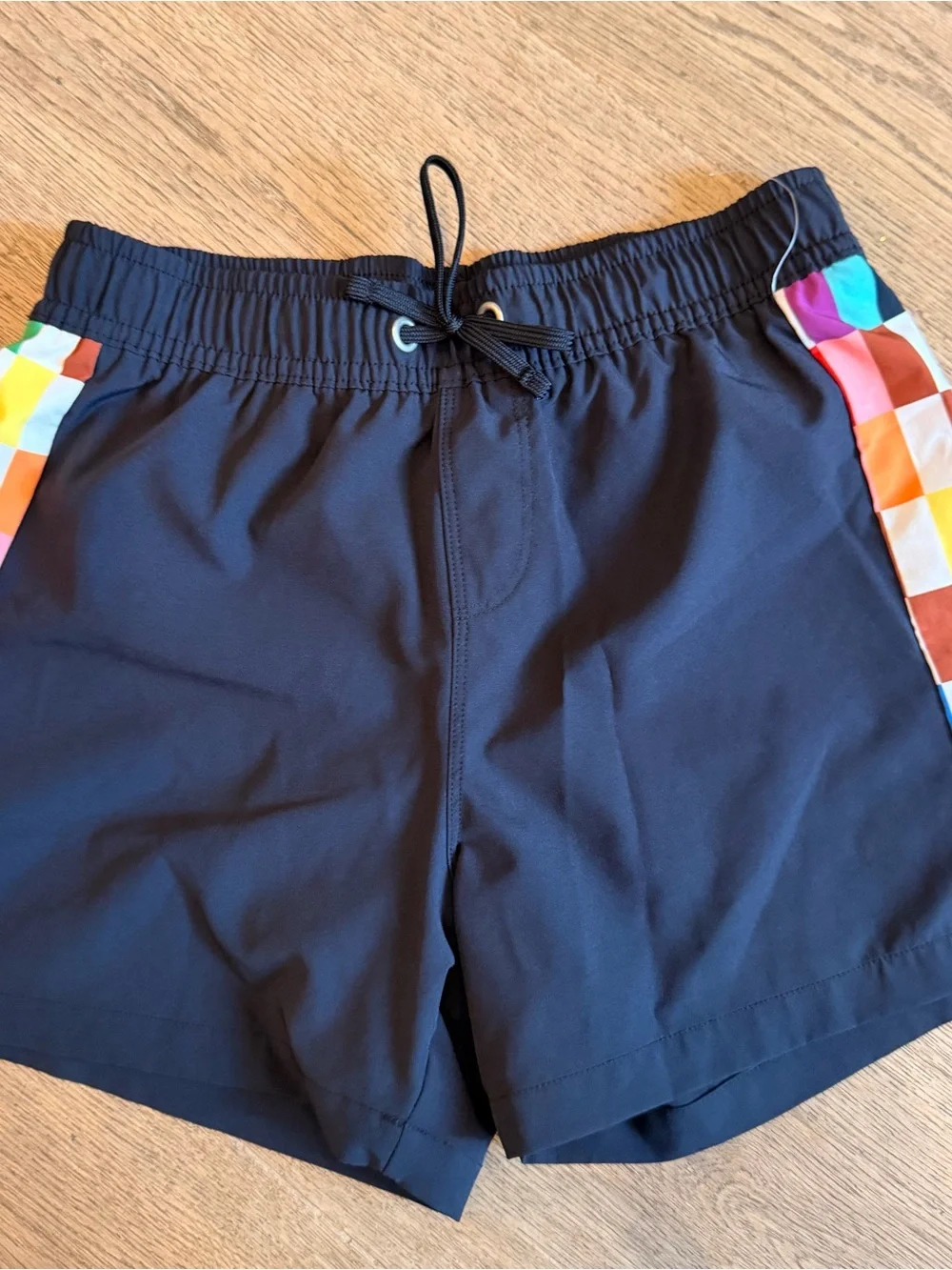Kids Black Swim Trunks with rainbow Colorblock Check Side Panels